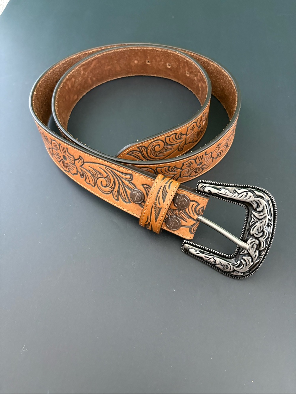 Rarestar Goods Tan Leather Belt with Embossed floral design,Ornate Silver Buckle